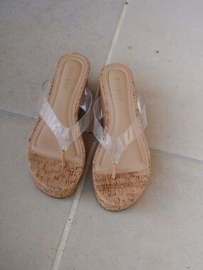 BAMBOO Clear Strap Cork Wedge Sandals - Tan